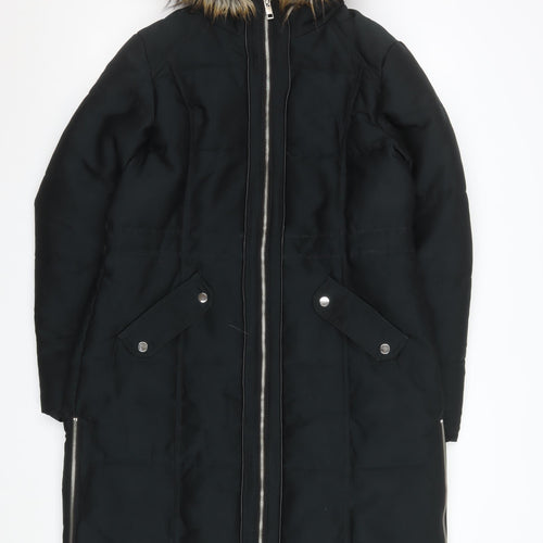 Oasis Women Black Faux Fur Hooded Long Parka Coat Size 14