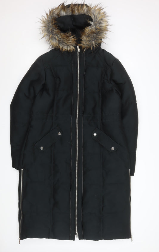 Oasis Women Black Faux Fur Hooded Long Parka Coat Size 14