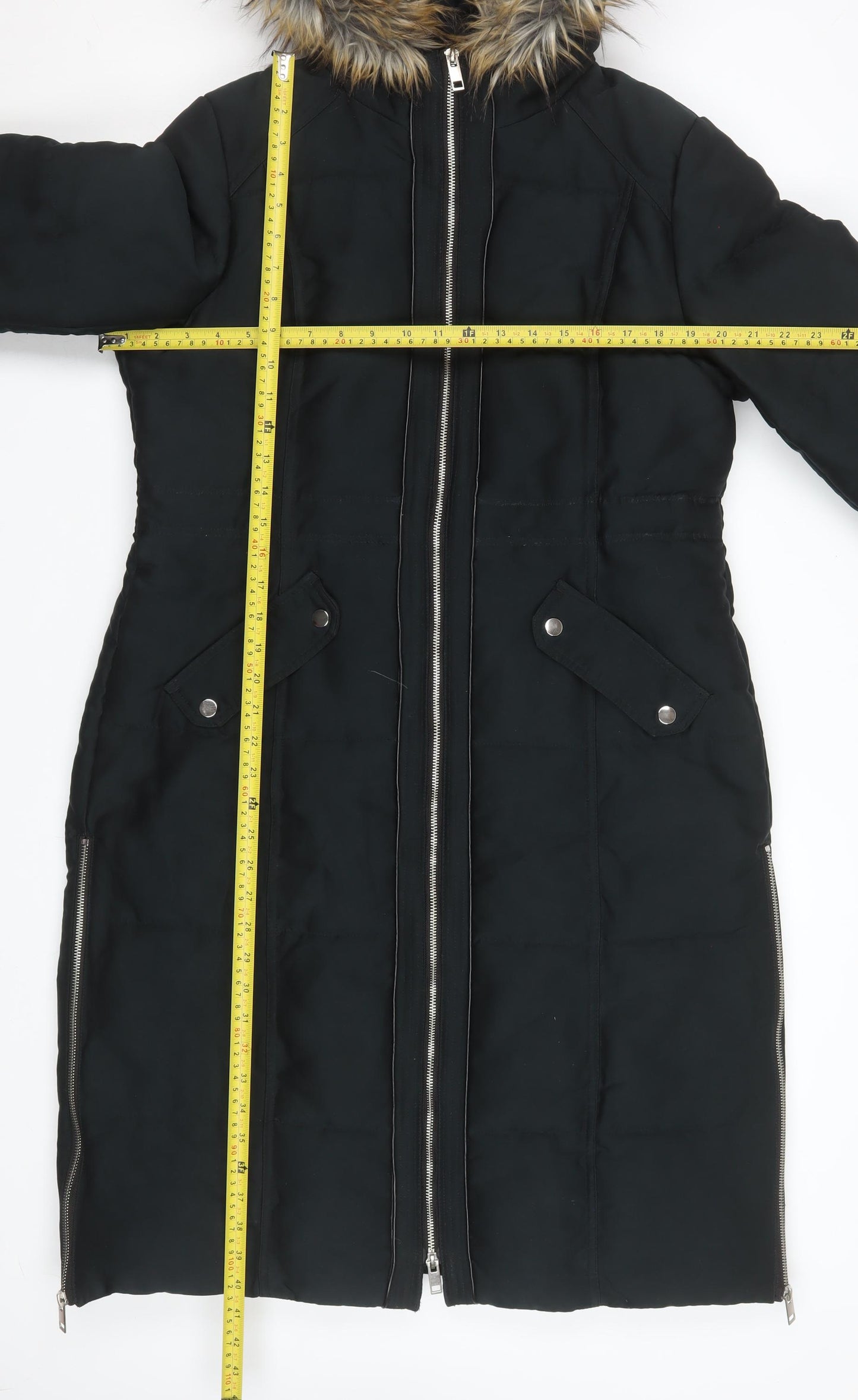 Oasis Women Black Faux Fur Hooded Long Parka Coat Size 14