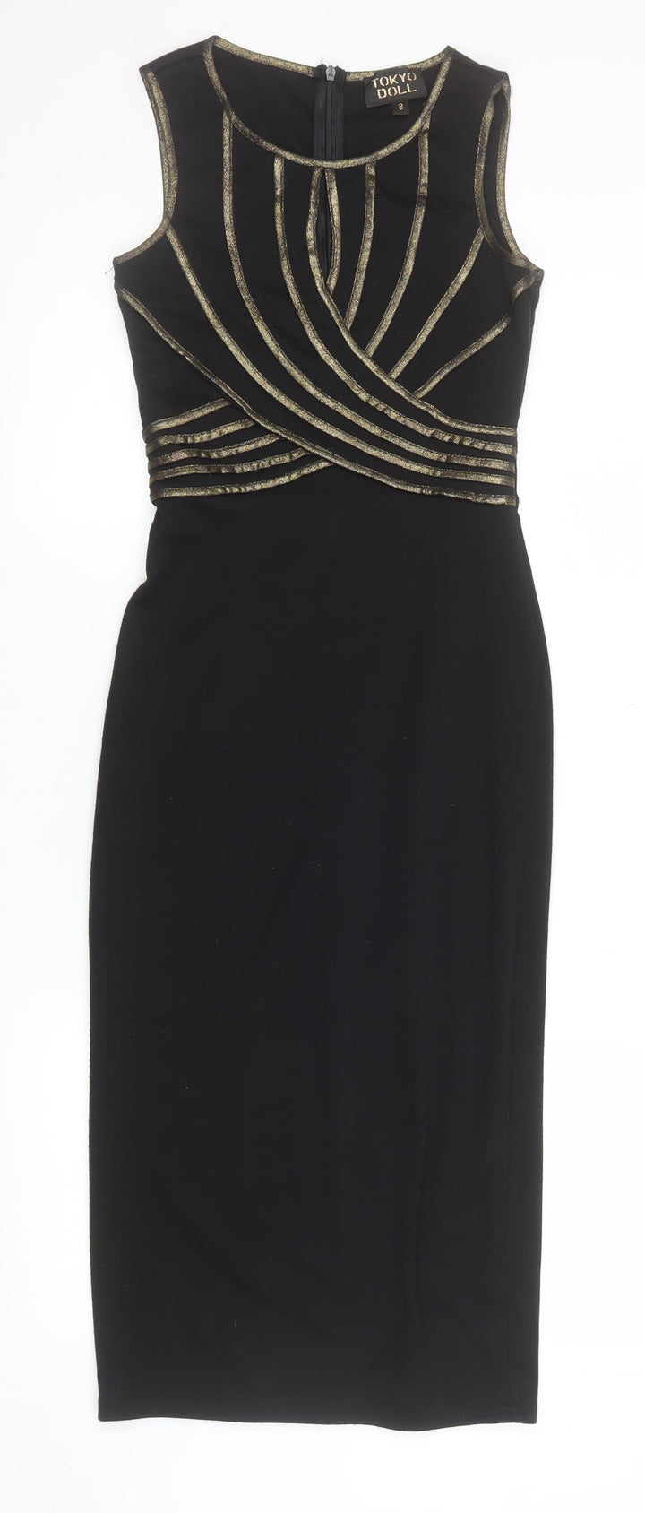 Tokyo Doll Women's Black Gold Bodycon Midi Party Dress Size 8