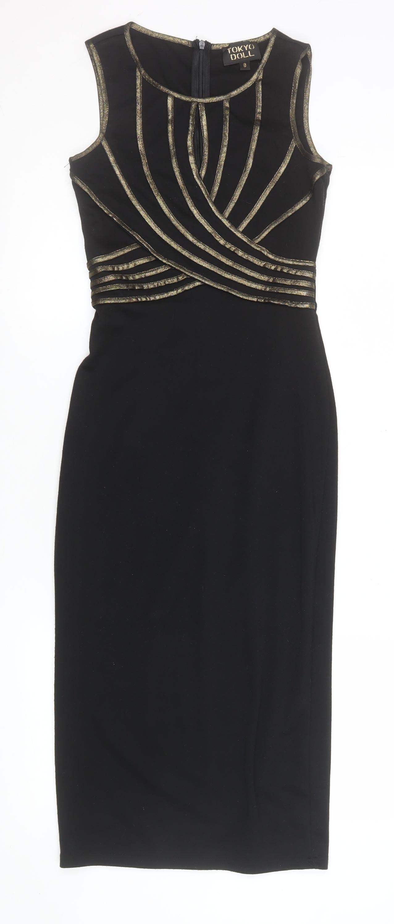 Tokyo Doll Women's Black Gold Bodycon Midi Party Dress Size 8