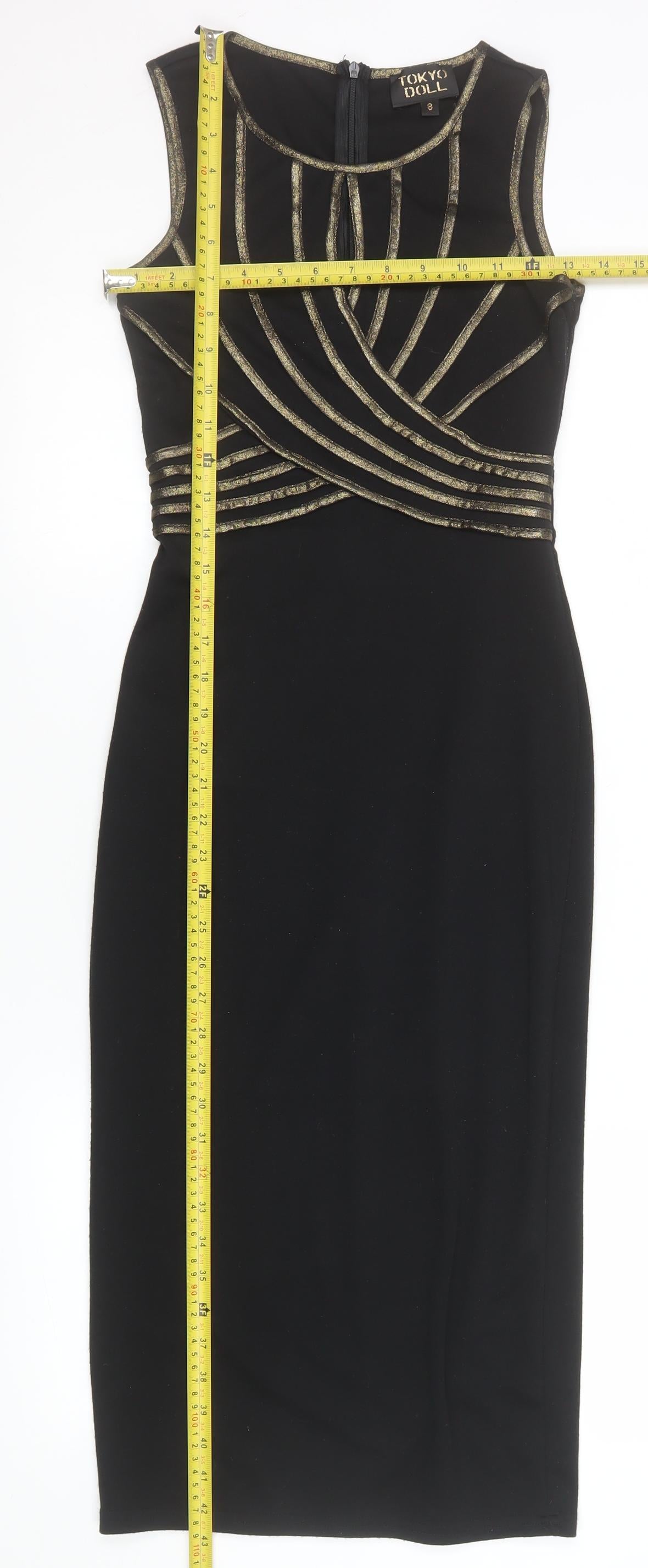 Tokyo Doll Women's Black Gold Bodycon Midi Party Dress Size 8