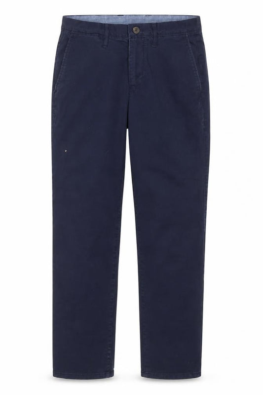 Front view of Gap boys’ blue chino trousers, size 30, straight stretch twill pants