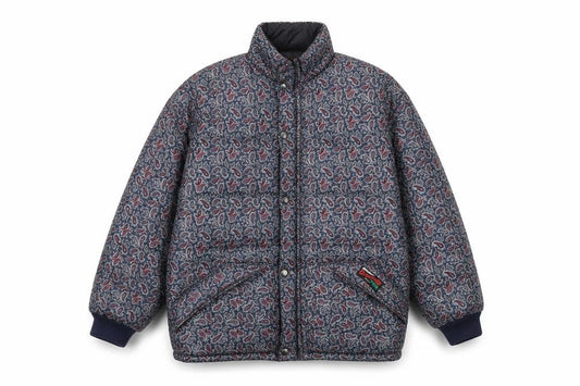 Front view of Bronte Women's Blue Paisley Quilted Puffer Jacket, size 10, UK