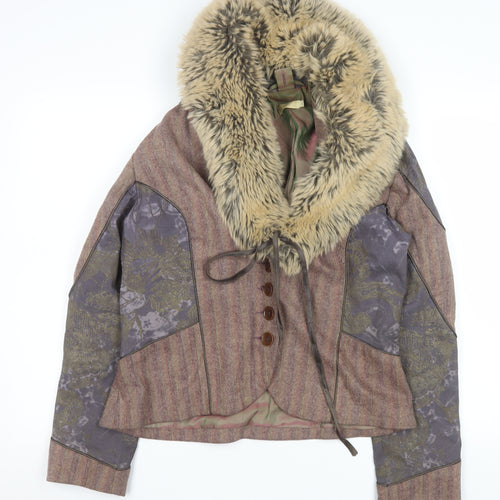 Bison Women Brown Faux Fur Collar Tweed Jacket Size 14