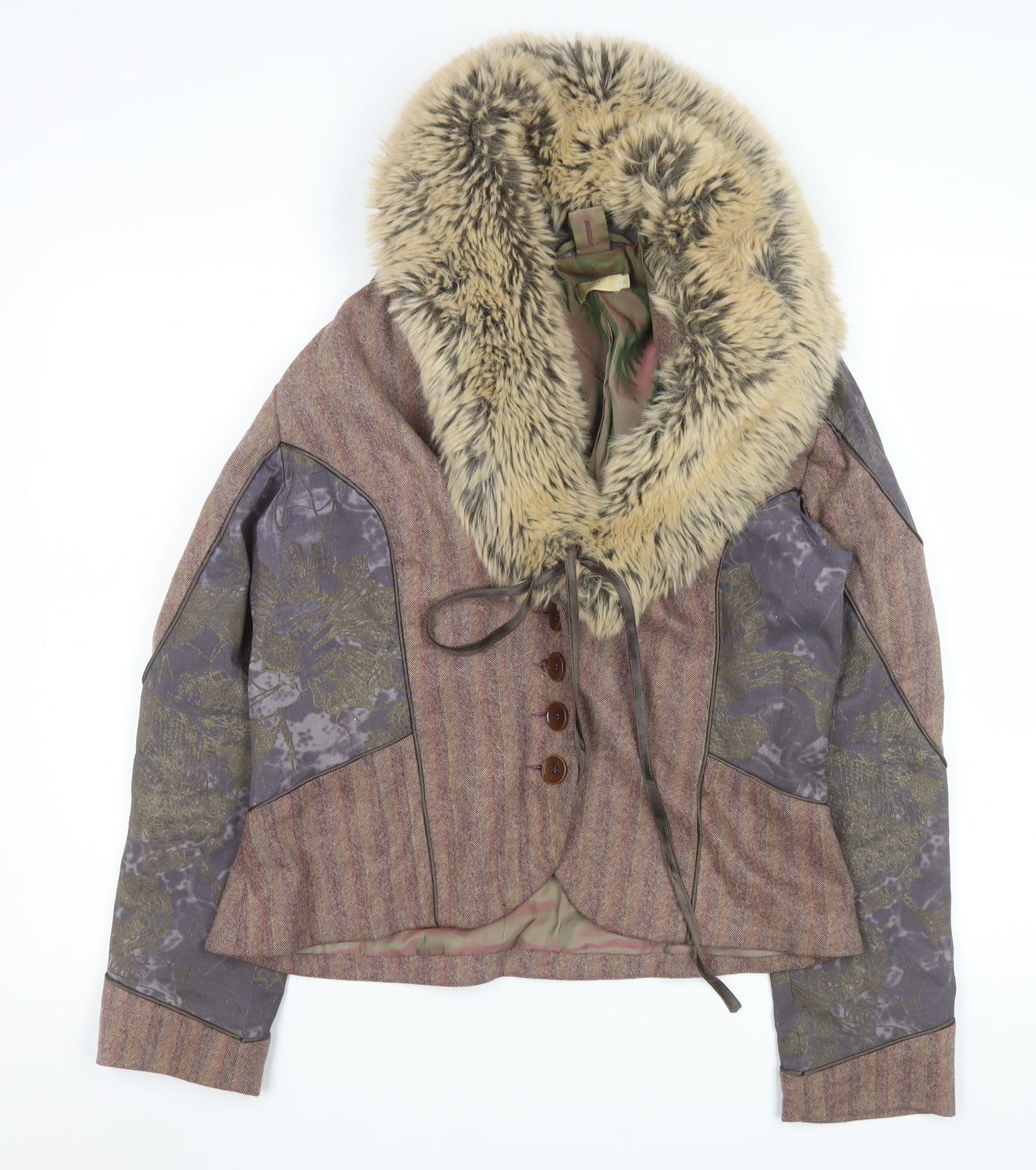 Bison Women Brown Faux Fur Collar Tweed Jacket Size 14