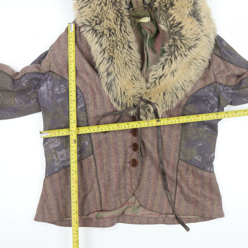 Bison Women Brown Faux Fur Collar Tweed Jacket Size 14
