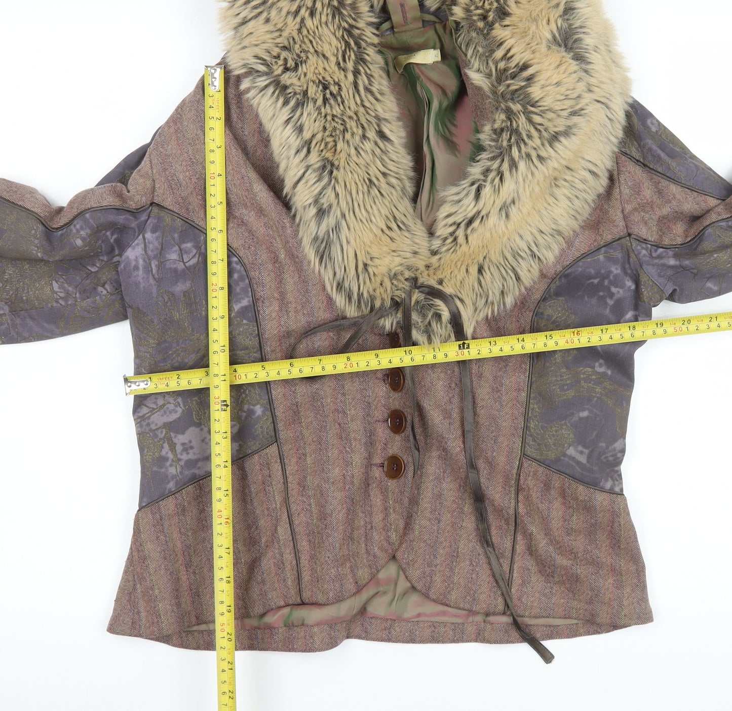 Bison Women Brown Faux Fur Collar Tweed Jacket Size 14