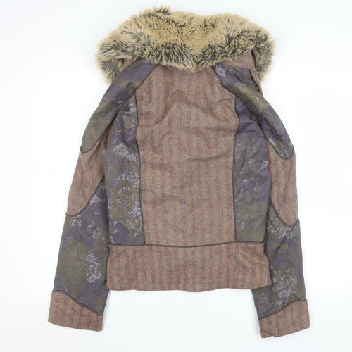 Bison Women Brown Faux Fur Collar Tweed Jacket Size 14