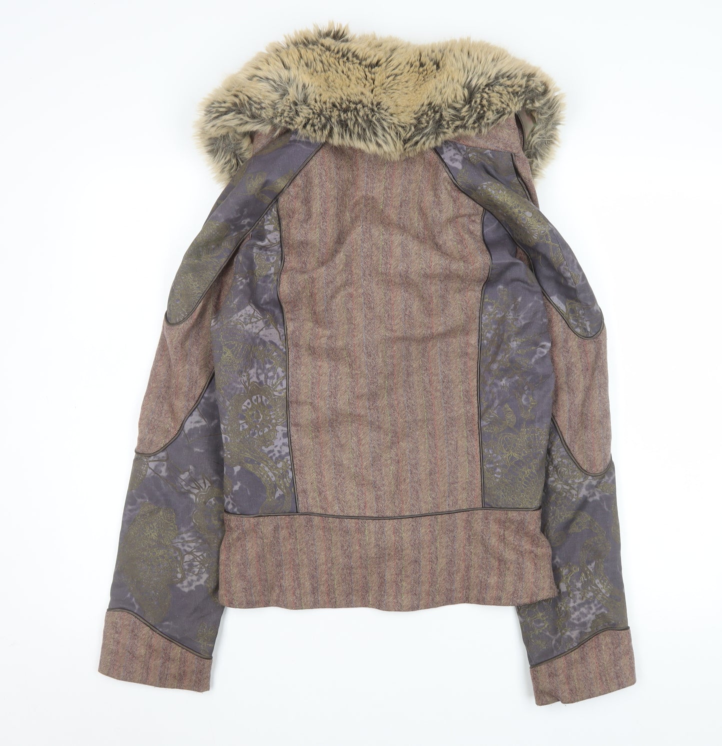 Bison Women Brown Faux Fur Collar Tweed Jacket Size 14