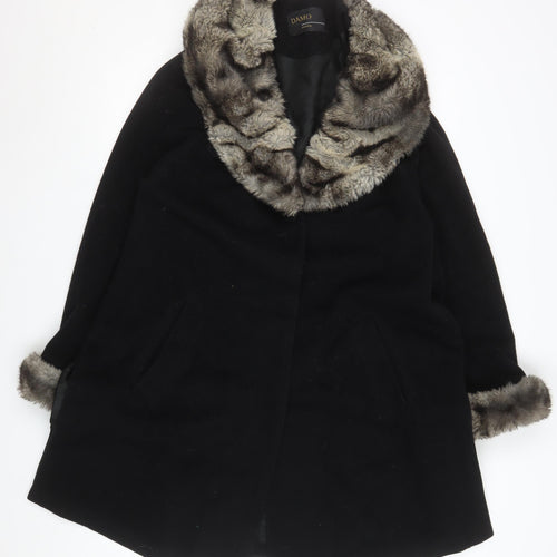 Damo Women Black Wool Fur Trim Coat Size 14 Mid-Length Overcoat