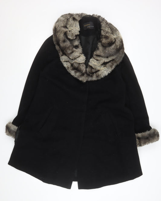 Damo Women Black Wool Fur Trim Coat Size 14 Mid-Length Overcoat