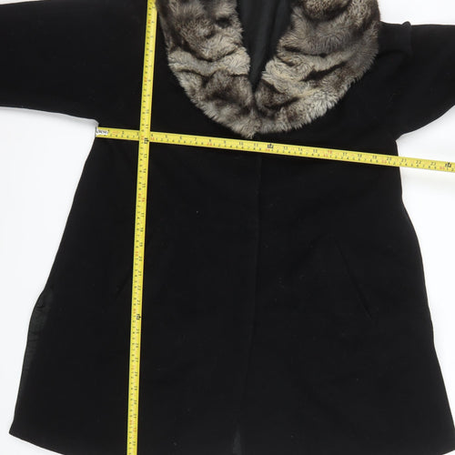 Damo Women Black Wool Fur Trim Coat Size 14 Mid-Length Overcoat