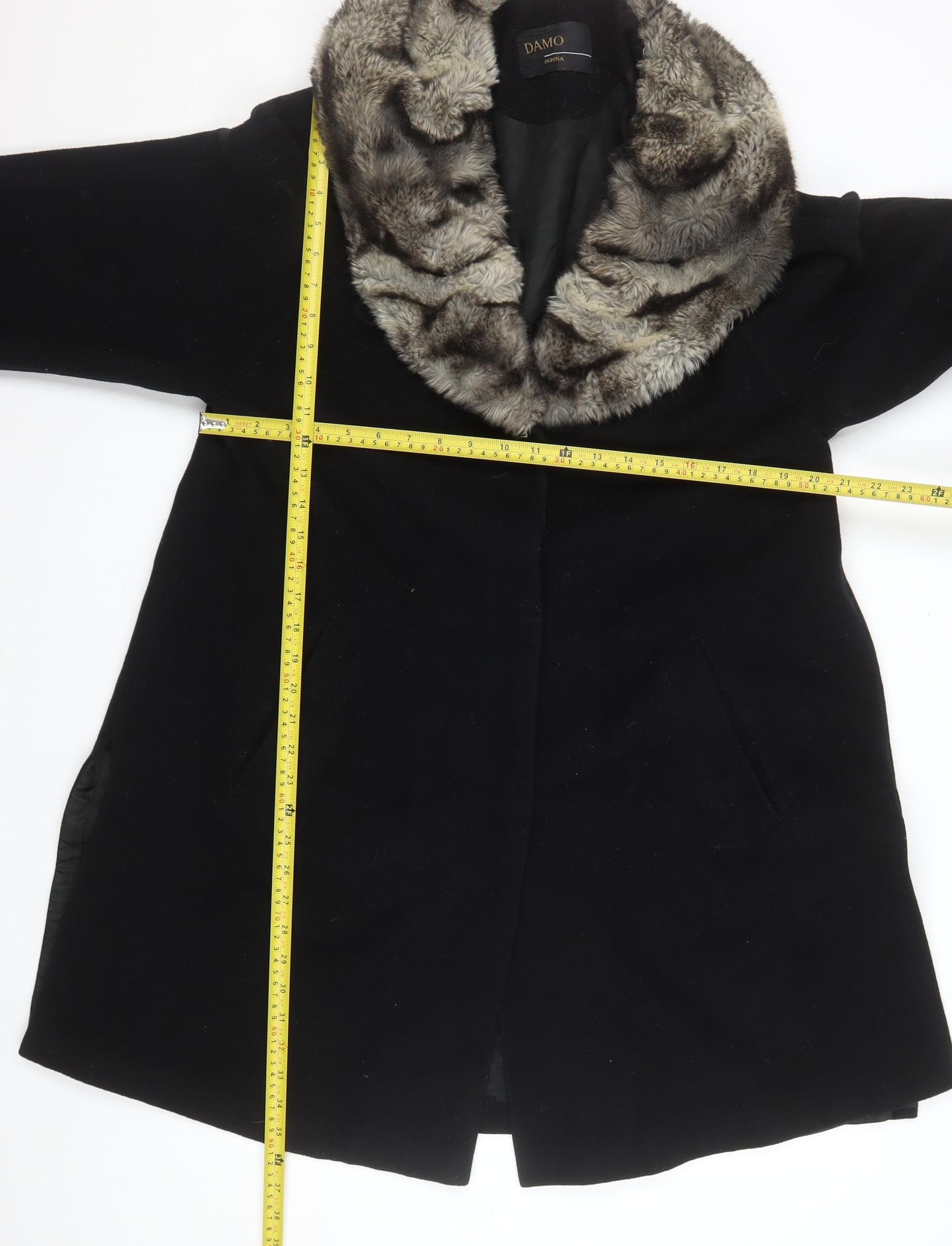 Damo Women Black Wool Fur Trim Coat Size 14 Mid-Length Overcoat