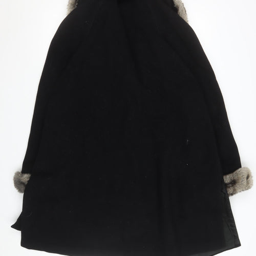 Damo Women Black Wool Fur Trim Coat Size 14 Mid-Length Overcoat