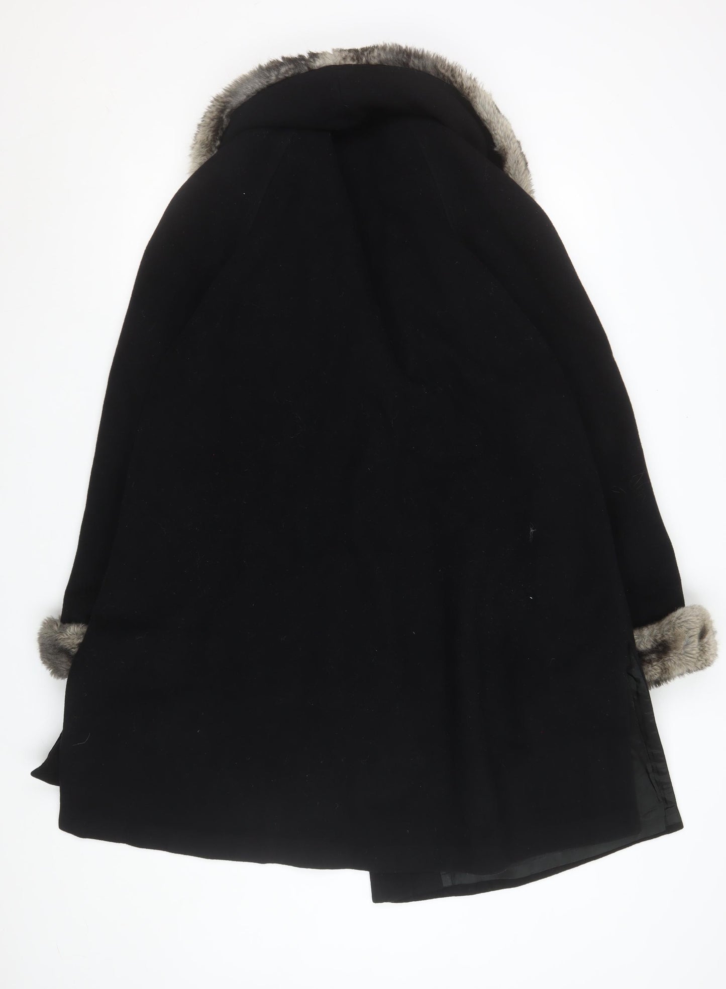 Damo Women Black Wool Fur Trim Coat Size 14 Mid-Length Overcoat