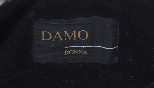 Damo Women Black Wool Fur Trim Coat Size 14 Mid-Length Overcoat