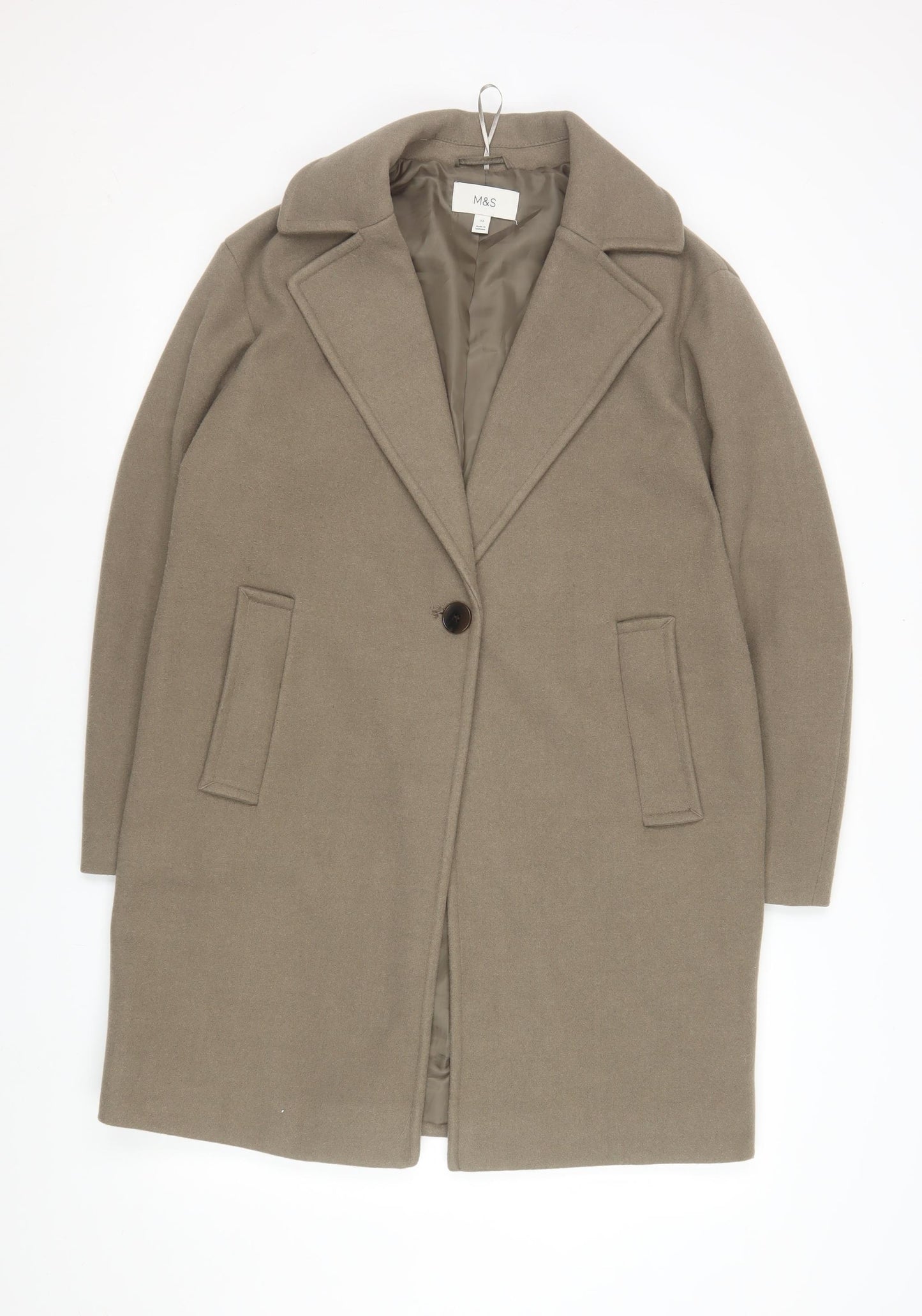 Marks and Spencer Womens Beige Wool Blend Mid-Length Overcoat Size 12