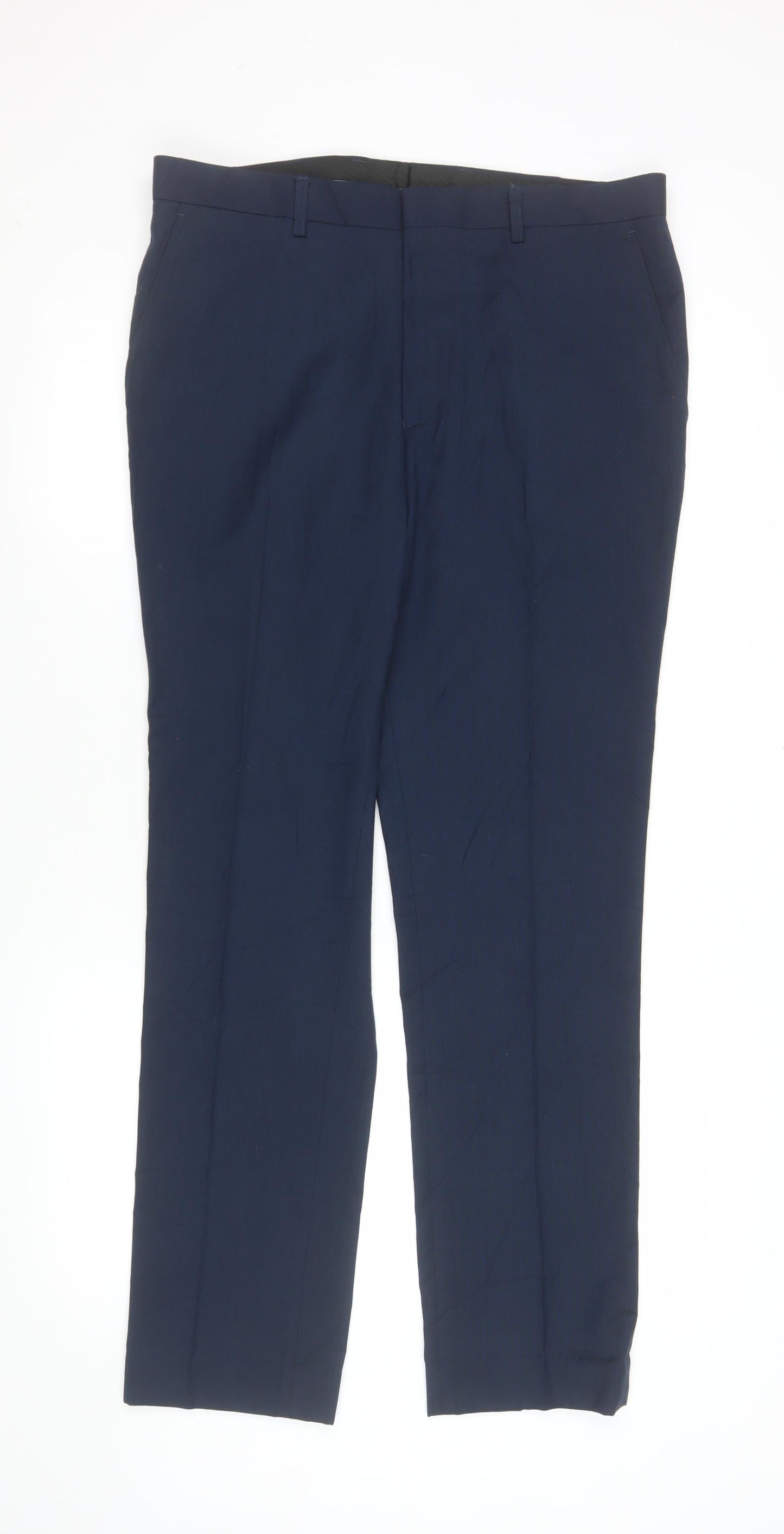 FCUK Men’s Blue Slim Fit Dress Trousers 34L Polyester Viscose Formal Pants