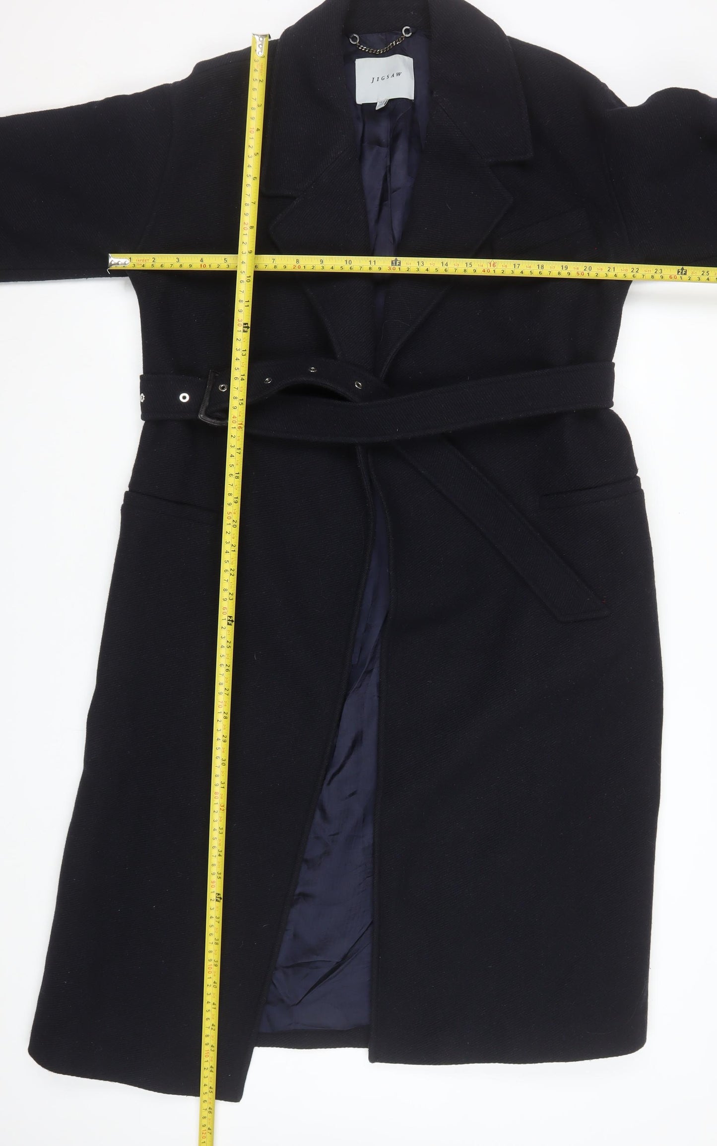 Jigsaw Women’s Black Wool Belted Overcoat Size 10 Long Lined Winter Coat