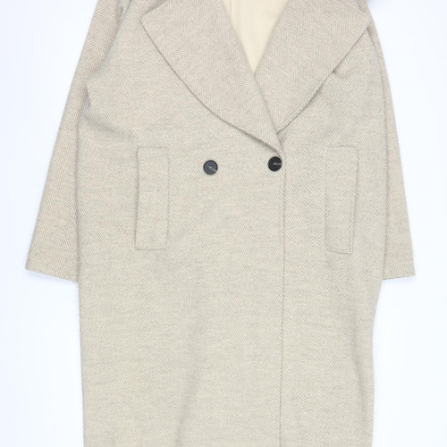 Warehouse Women’s Beige Herringbone Long Coat XS Classic Overcoat