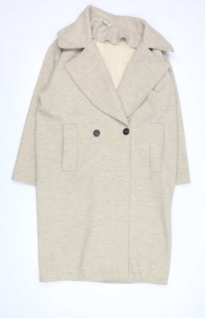Warehouse Women’s Beige Herringbone Long Coat XS Classic Overcoat
