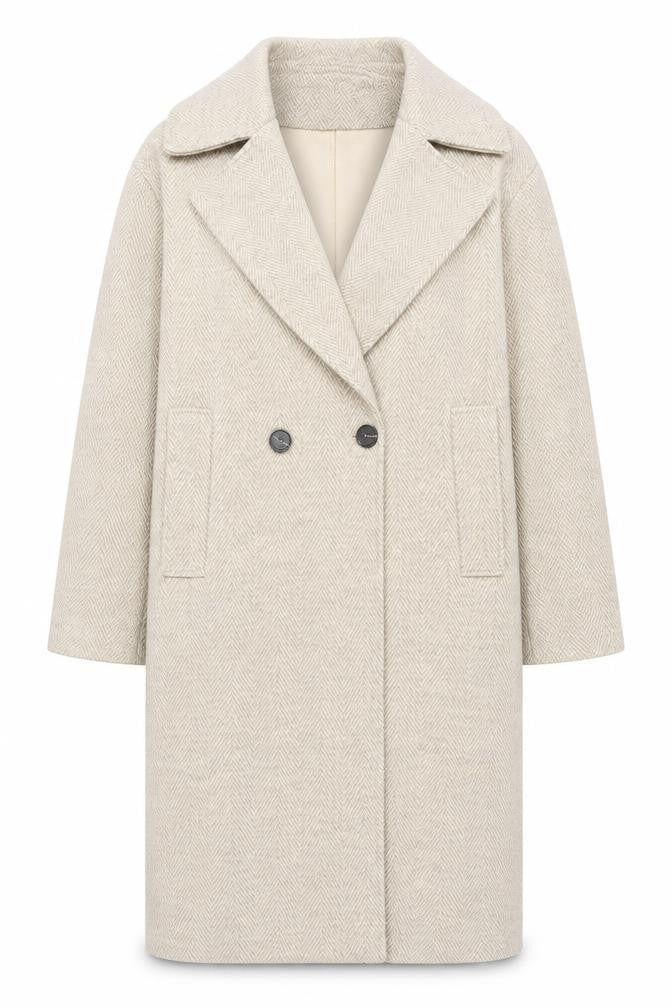 Front view of Warehouse Women’s Beige Herringbone Long Coat XS Classic Overcoat