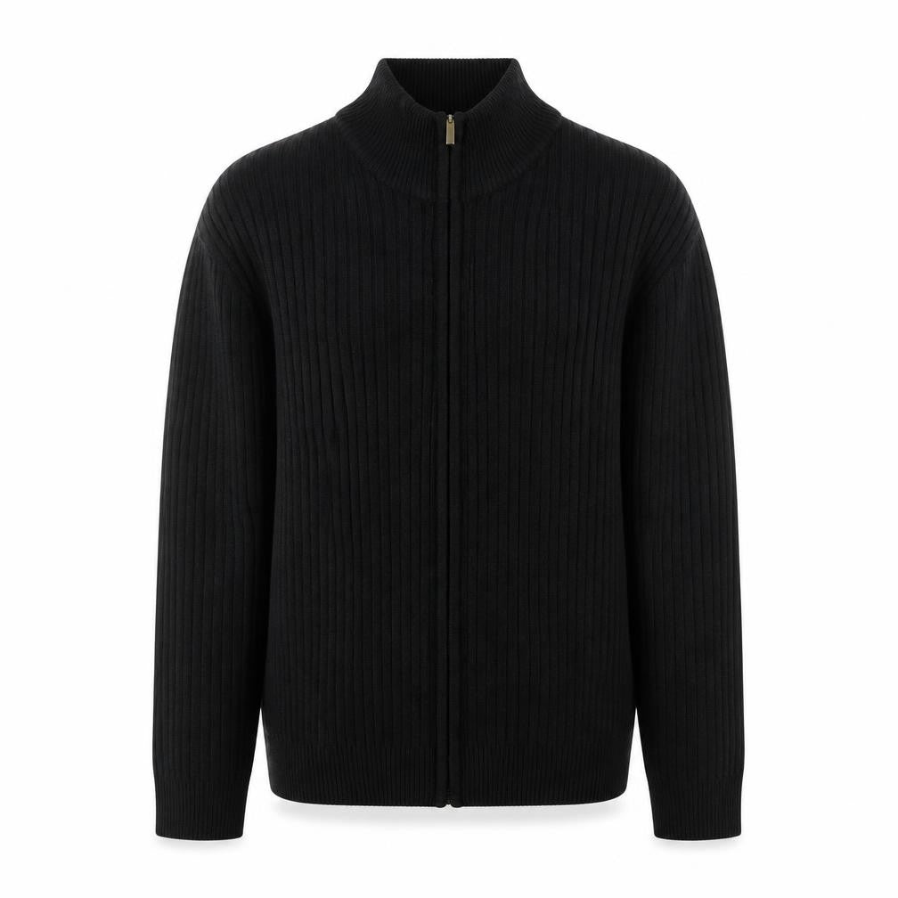 Front view of Premier Man Black Ribbed Full Zip Knit Men’s Jacket M 40in
