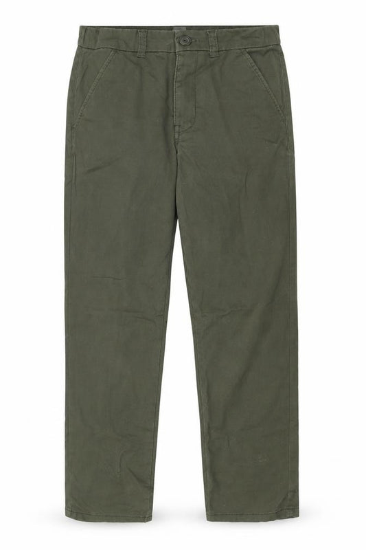 Front view of Dunnes boys’ green chino trousers 27in waist cotton elastane