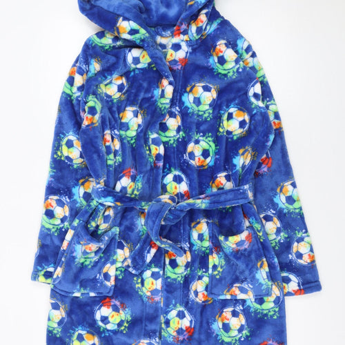 Dunnes Stores Boys Blue Fleece Hooded Belted Robe 13-14 Years Sports Print