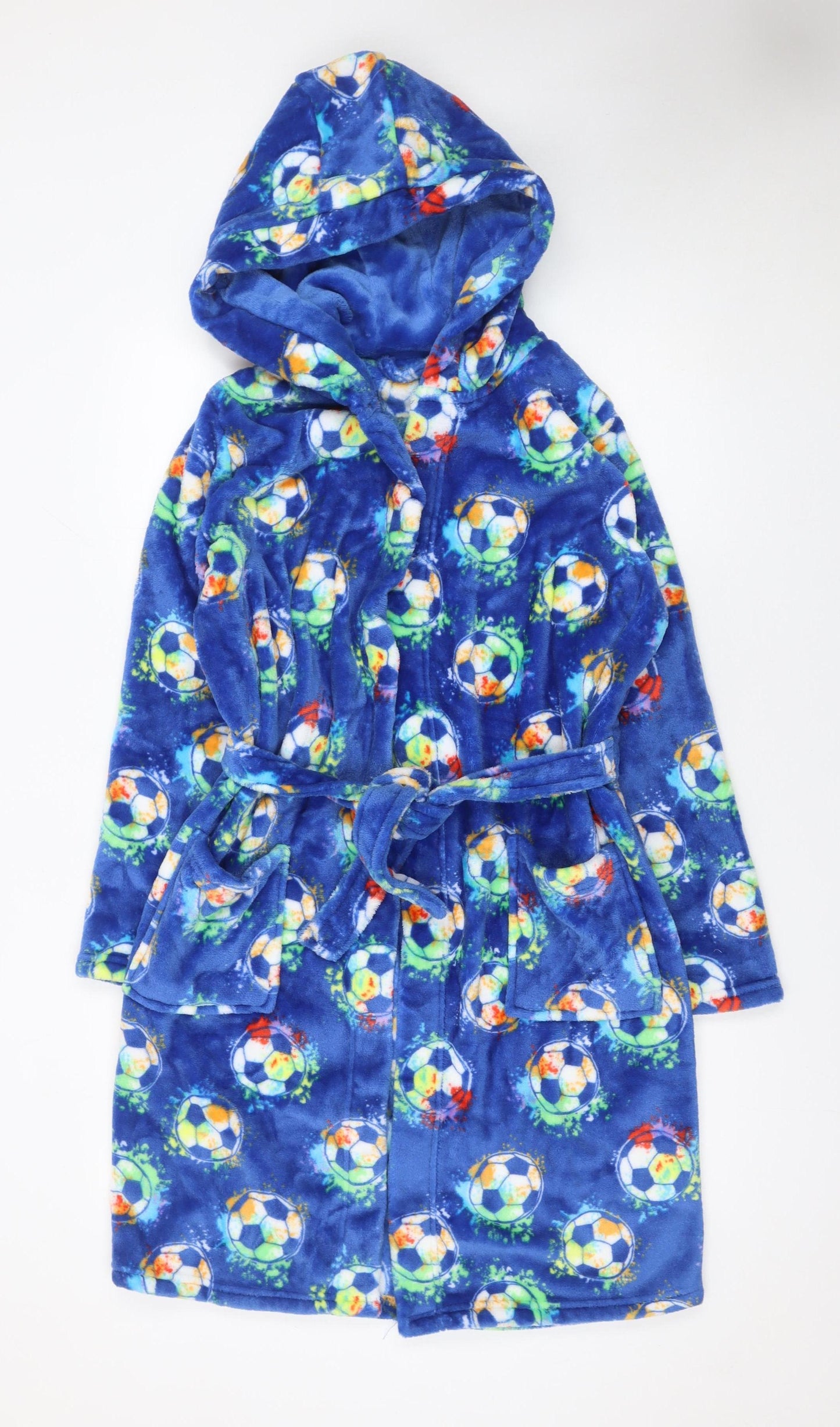 Dunnes Stores Boys Blue Fleece Hooded Belted Robe 13-14 Years Sports Print