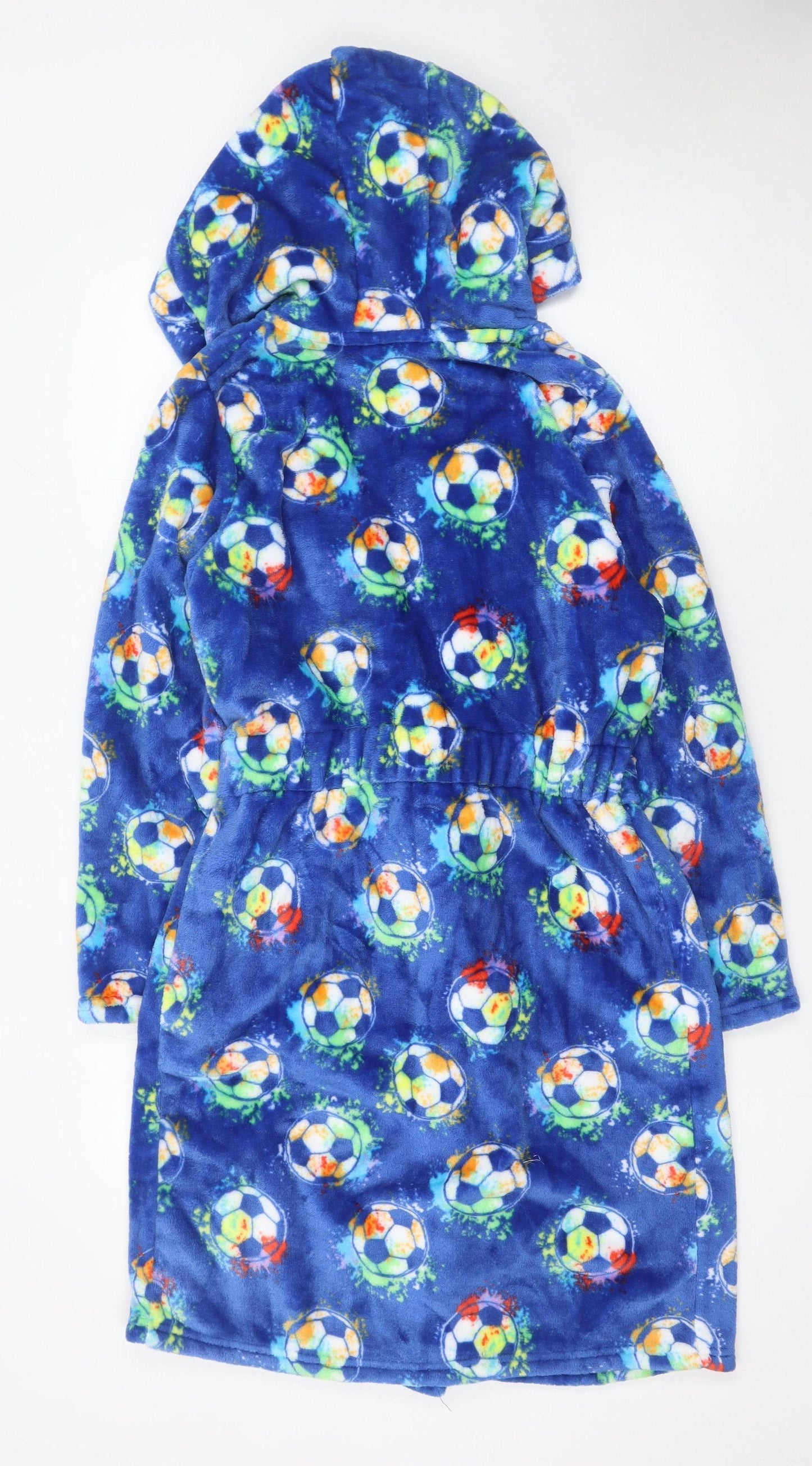 Dunnes Stores Boys Blue Fleece Hooded Belted Robe 13-14 Years Sports Print