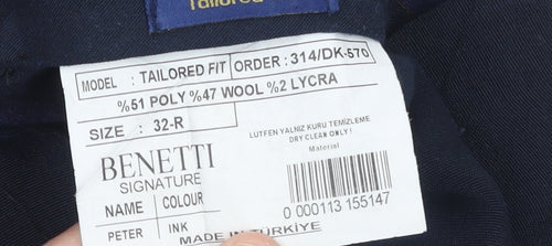 Benetti Men's Blue Tailored Fit Wool Blend Dress Trousers 32R