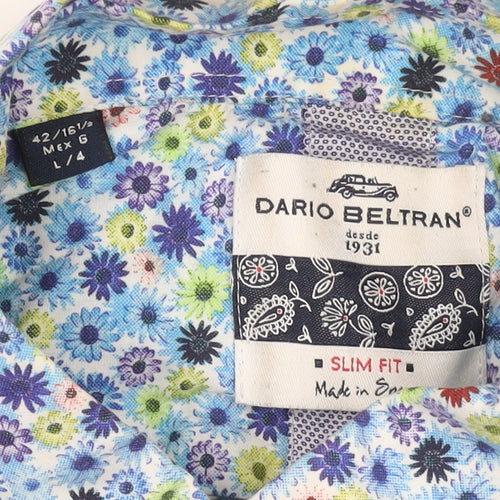 Dario Beltran Men's Blue Floral Slim Fit Long Sleeve Button-Up Shirt L 42in