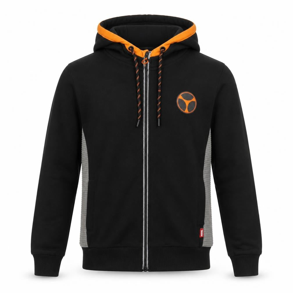 Front view of Marvel Taskmaster Men's Black XS Full Zip Hoodie with Orange Trim