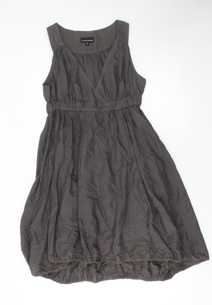 Warehouse Women's Grey Cotton Knee Length Sleeveless V-Neck Dress Size 10