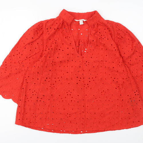 H&M Women Red Cotton Embroidered 3/4 Sleeve Tunic Blouse Size S