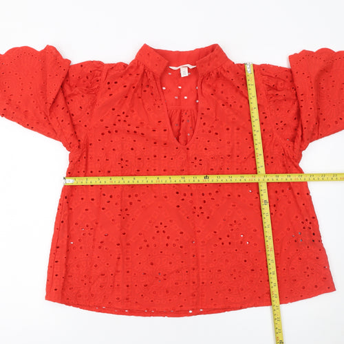 H&M Women Red Cotton Embroidered 3/4 Sleeve Tunic Blouse Size S
