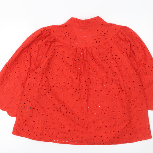 H&M Women Red Cotton Embroidered 3/4 Sleeve Tunic Blouse Size S