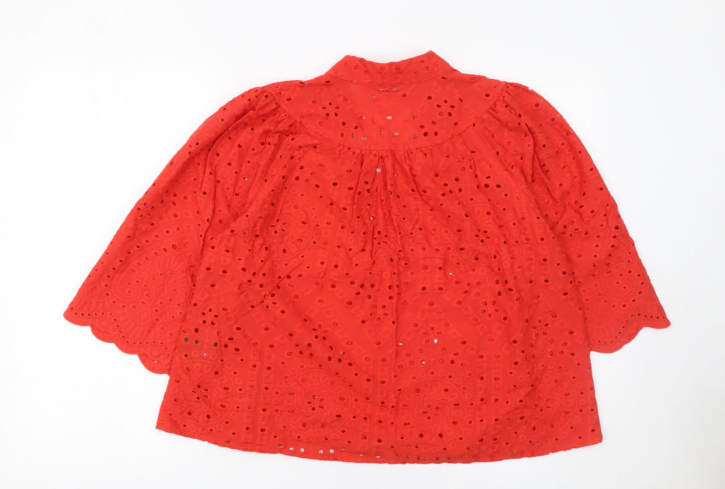H&M Women Red Cotton Embroidered 3/4 Sleeve Tunic Blouse Size S