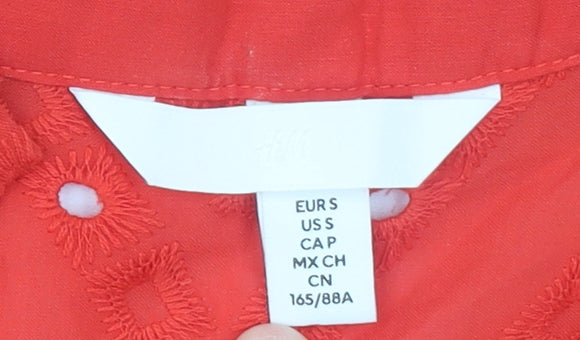 H&M Women Red Cotton Embroidered 3/4 Sleeve Tunic Blouse Size S