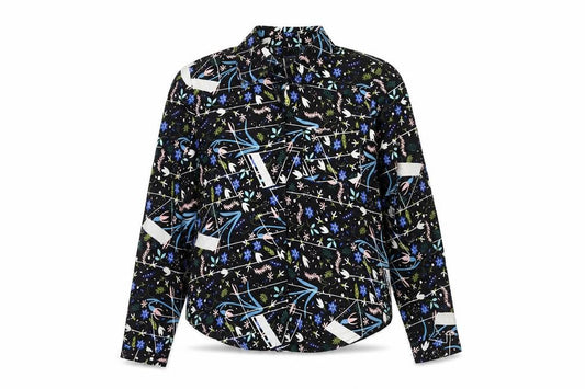 Front view of JDY Women's Black Floral Button-Up Long Sleeve Polyester Shirt, size 8