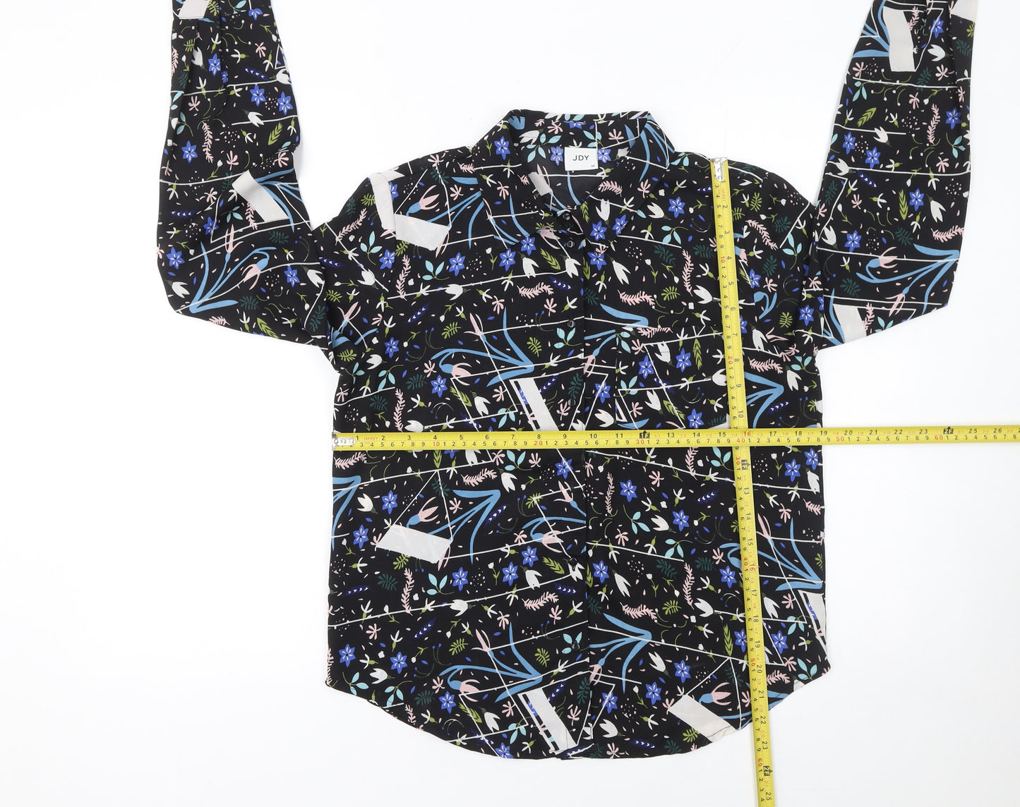 JDY Women's Black Floral Button-Up Long Sleeve Polyester Shirt Size 8