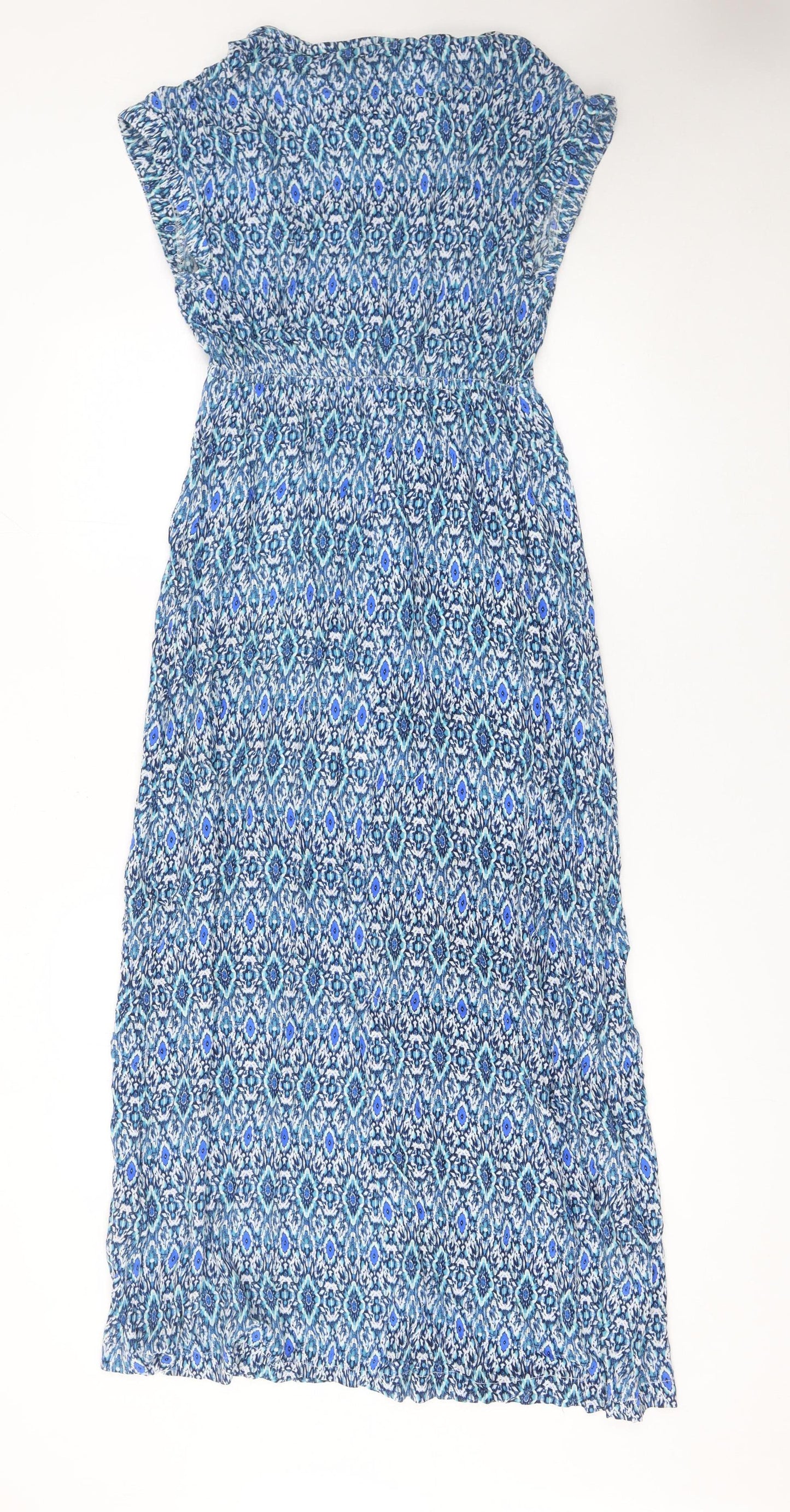 H&M Women's Blue Geometric V-Neck Midi Fit & Flare Dress Size 8