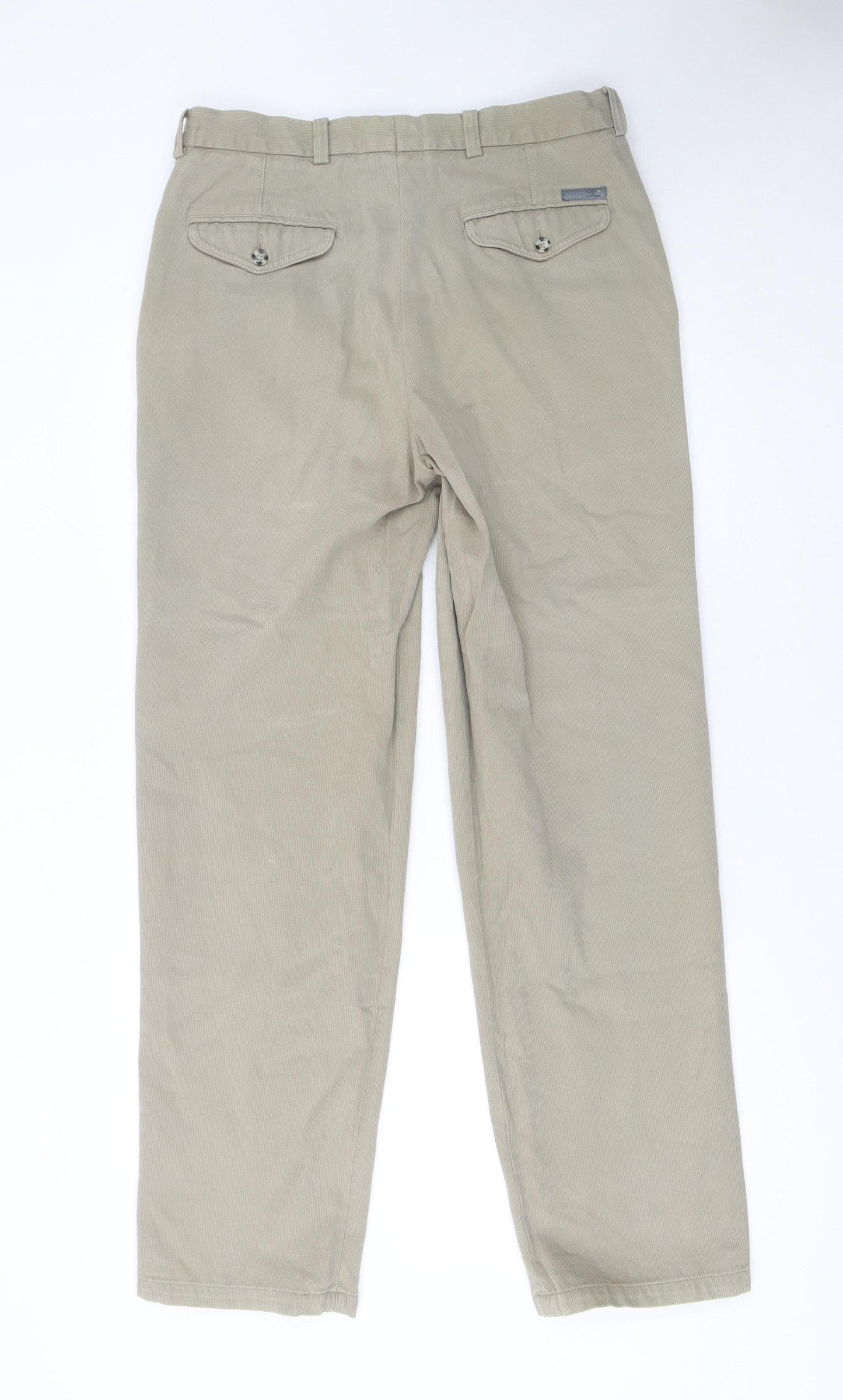 GB Men's Beige Cotton Chino Trousers 34L Pleated Front Regular Fit