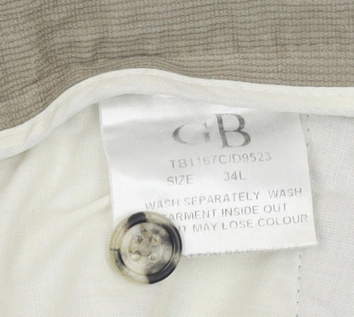 GB Men's Beige Cotton Chino Trousers 34L Pleated Front Regular Fit