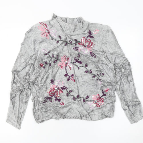 Alfred Dunner Women's Grey Floral Embroidered Mock Neck Petite L Jumper