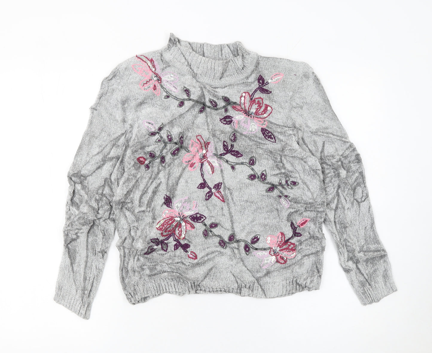 Alfred Dunner Women's Grey Floral Embroidered Mock Neck Petite L Jumper