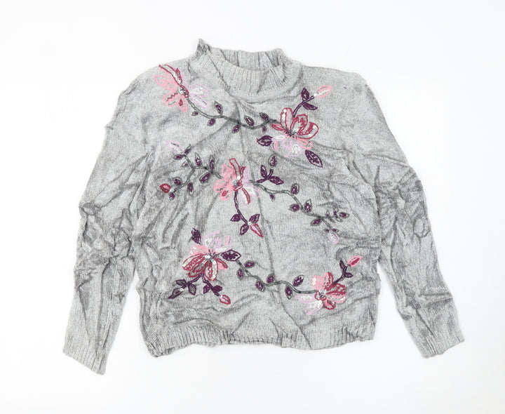 Alfred Dunner Women's Grey Floral Embroidered Mock Neck Petite L Jumper