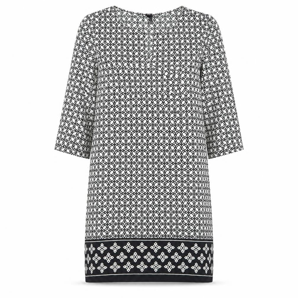 Front view of Firefly Women Black Geometric Shift Dress, size 14, 3/4 Sleeve